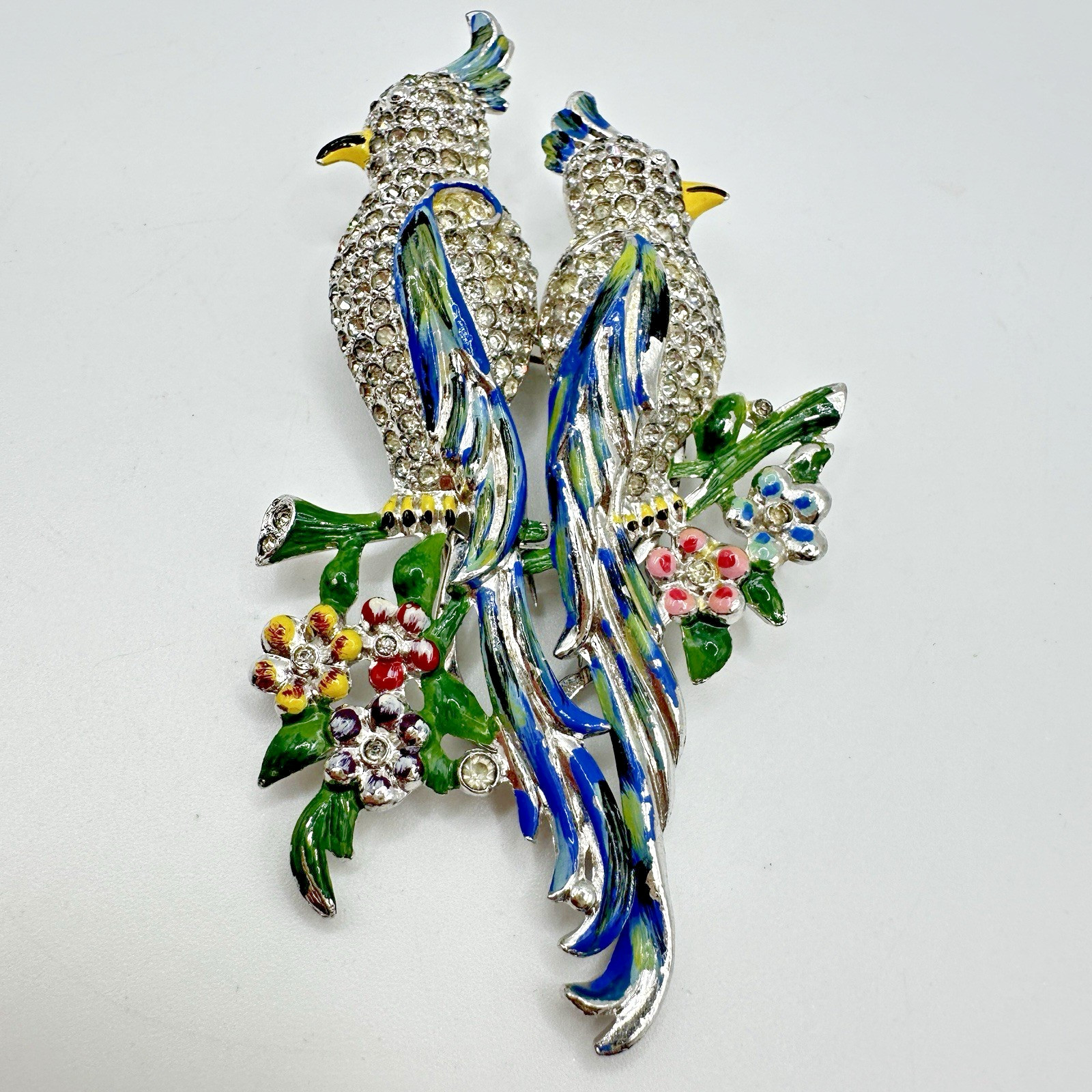 Vintage Coro Duette Birds Of Paradise Brooch Fur Clips Rhinestone Enamel