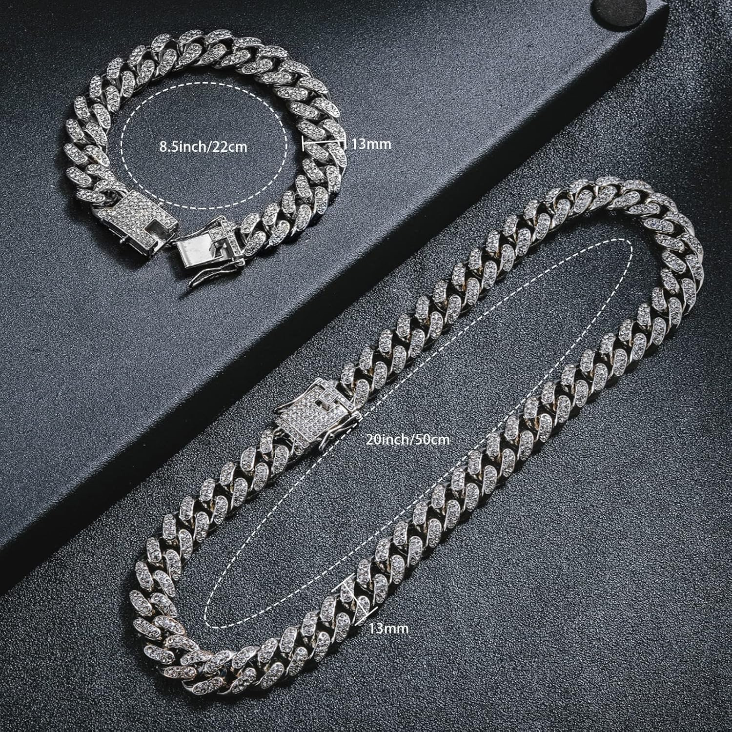 Men’s Cuban Link Chain & Bracelet Set, Silver Iced Out Diamond Hip Hop Jewelry