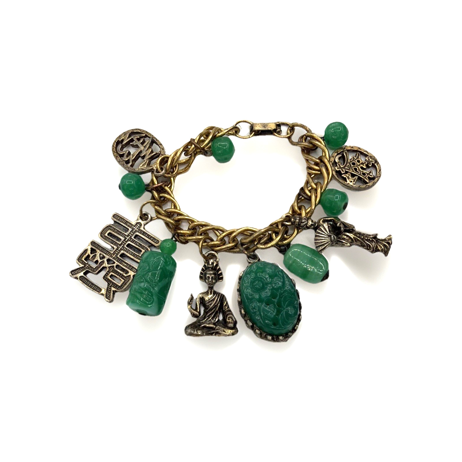 Vintage Gold Tone FOB Bracelet Green Carved Stone Jade‑Style Charms Asian Motif