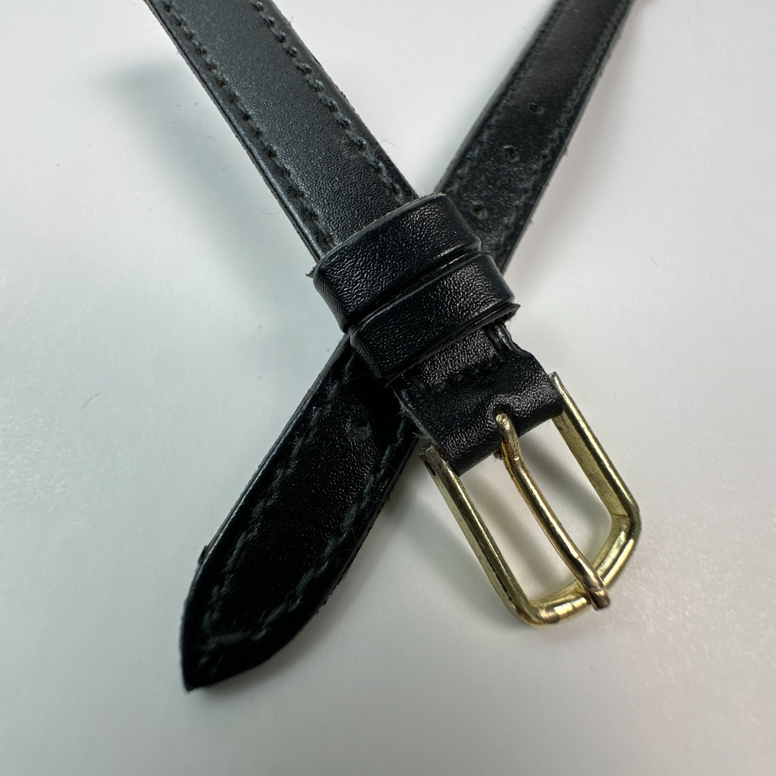 Womens Watch Bands Black 13mm Genuine Leather Two Piece Strap Gold Buckle Flat