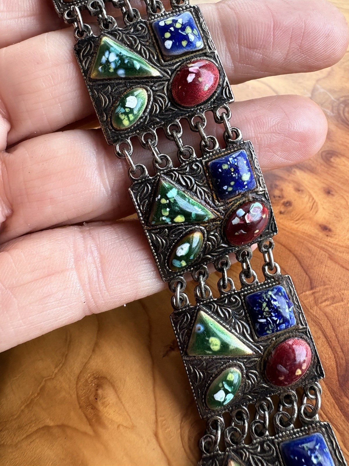 Vintage Enamel Panel Bracelet Blue Red Green Ceramic Boho Beauty!