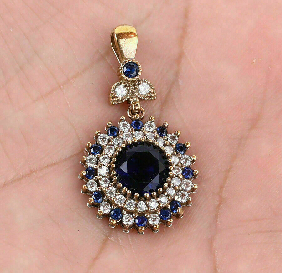 2.60Ct Round Cut Blue Sapphire Women’s Pendant 14K Yellow Gold Over Free Chain
