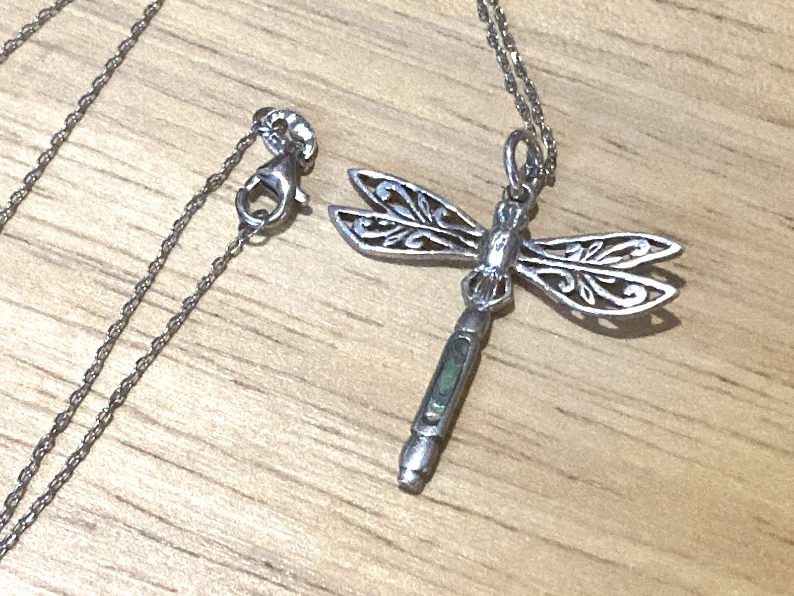 Vintage Peter Stone Pendant Necklace Sterling Silver Dragonfly Abalone Charm 925