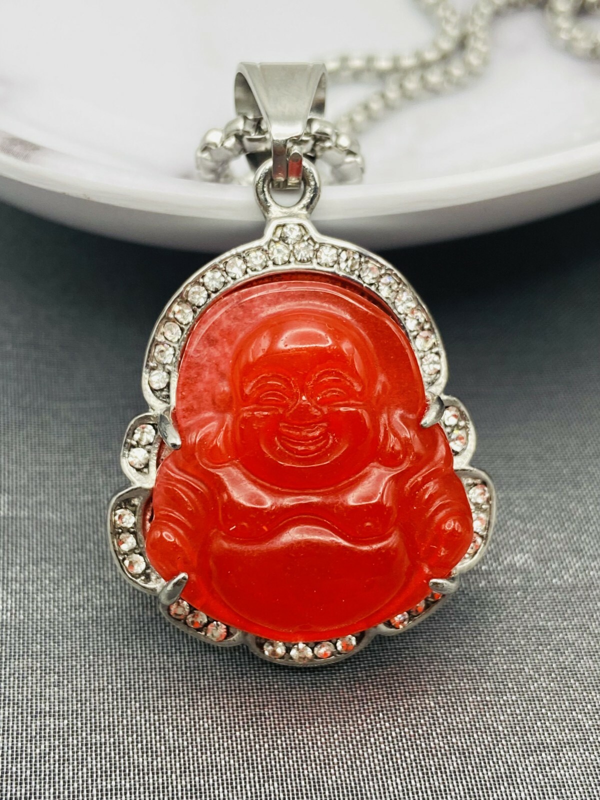Jade Buddha Pendant Necklace 18K White Gold Plated Crystal Charm Hip Hop Chain