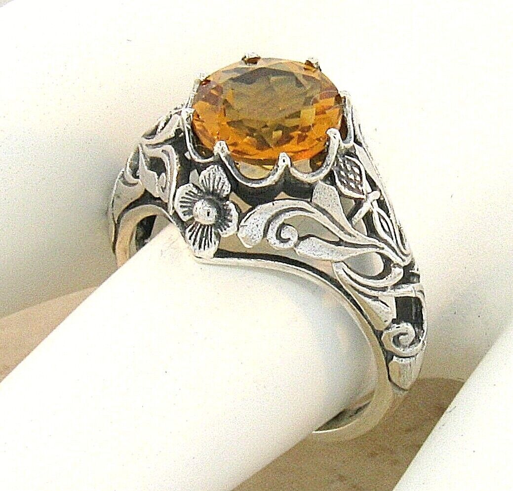 NOUVEAU ANTIQUE STYLE SCOTTISH THISTLE 925 SILVER LAB-CREATED CITRINE RING 890X