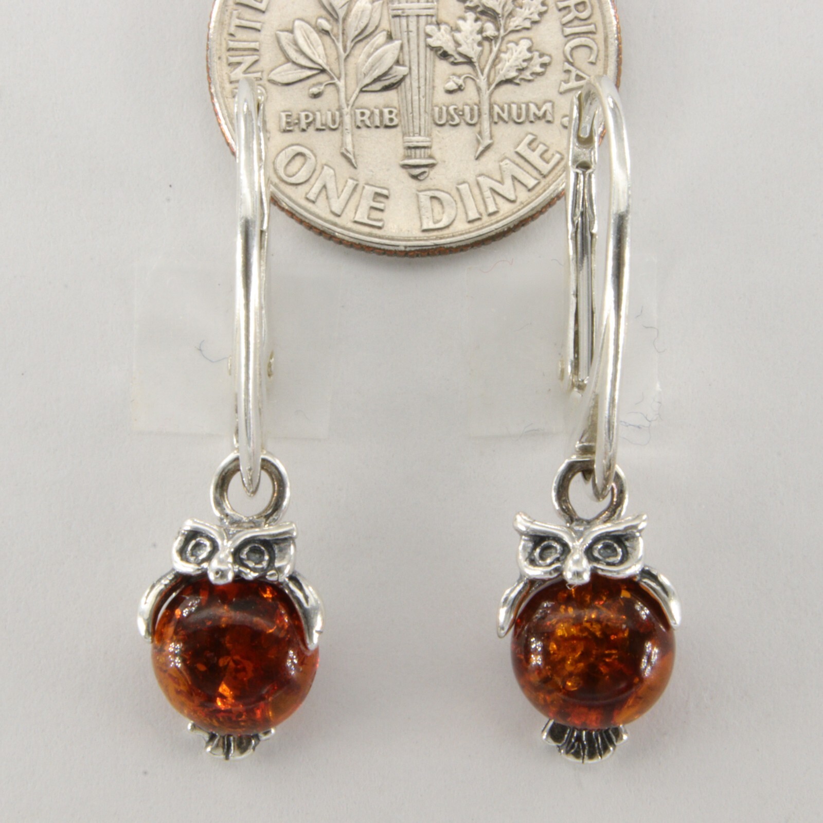 Cognac / Brown BALTIC AMBER Owl Leveback Earrings 925 STERLING SILVER #5573e
