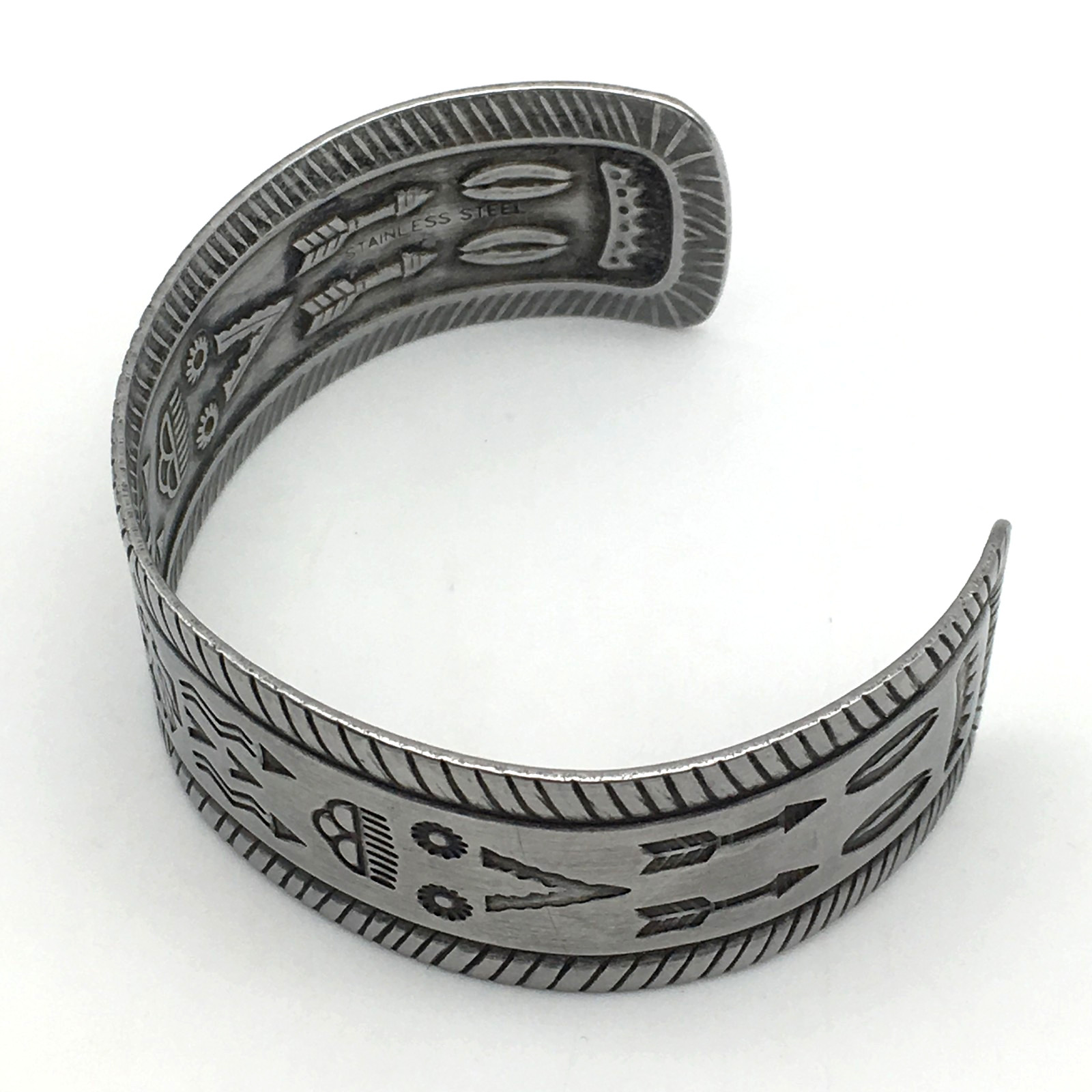 Vintage Southwestern Design Stamped Stainless Steel Cuff Bracelet Signed Japan