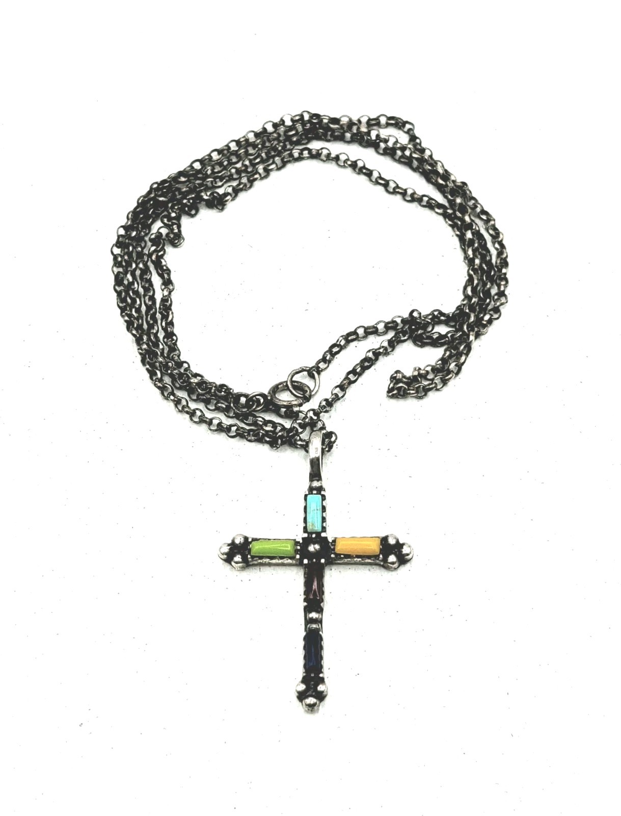 Sterling Silver Cross Pendant Multi-colored Stone Inlays On 20″ Long Chain