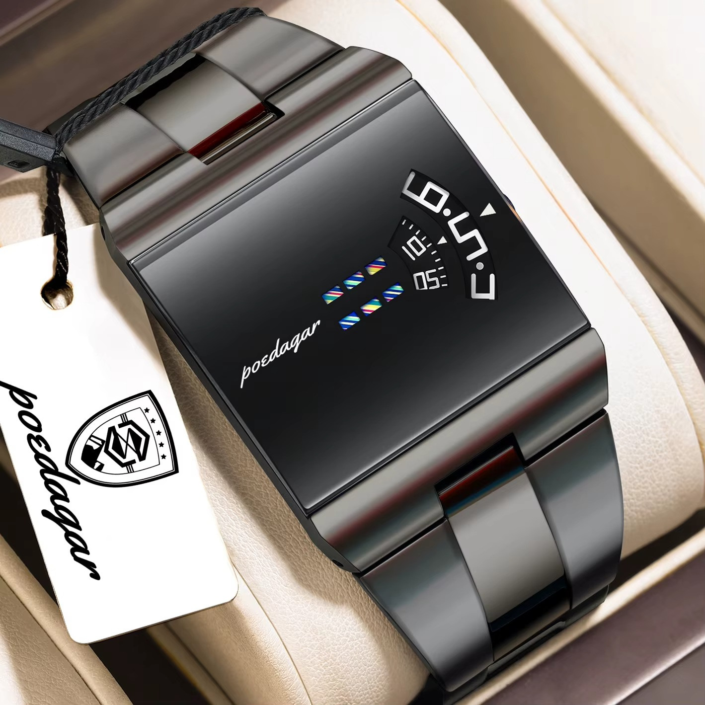 Men’s Watch Stainless Steel Quartz Waterproof Rectangle Luxury Stylish POEDAGAR