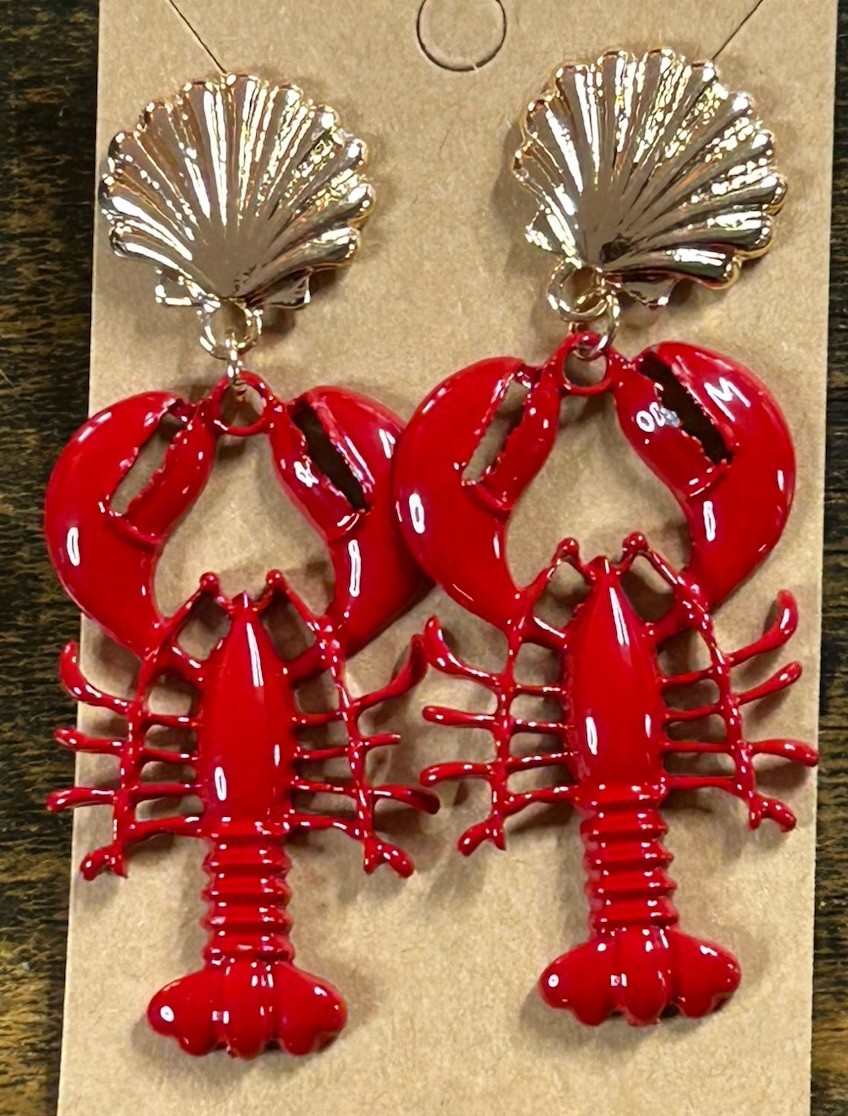 Beautiful Yellow Gold Plated & Red Enamel Lobster Crawfish Stud Earrings Dangle