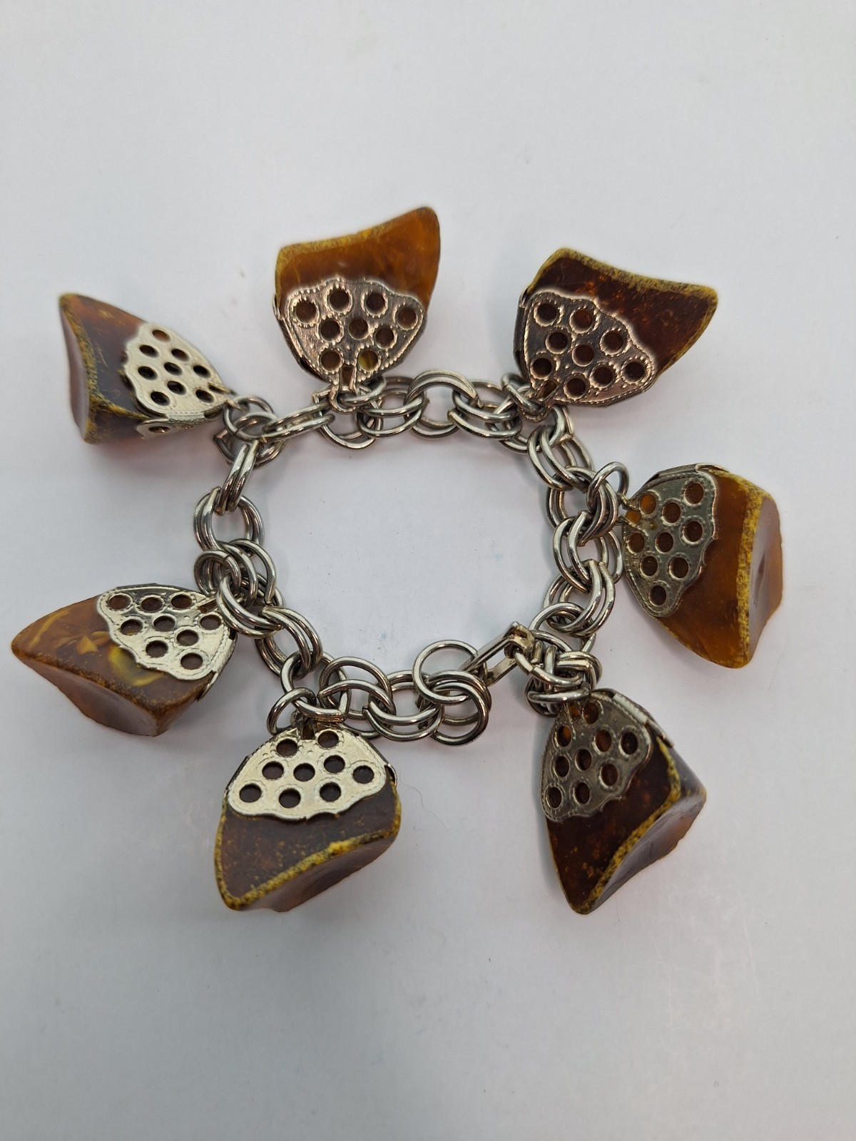 Vintage Chunky Silver Tone Charm Bracelet Faux Amber Lucite Honeycomb Caps