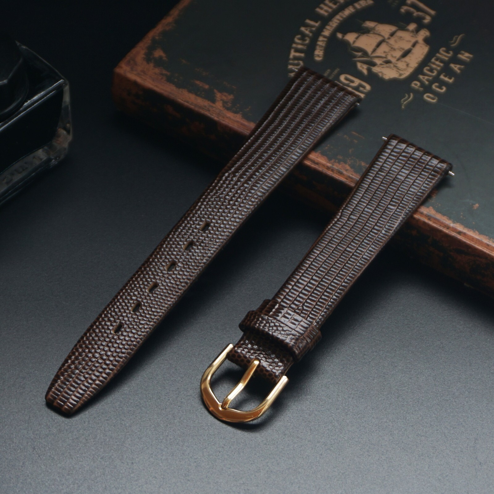 12 14 16mm 17mm 18mm 19mm 20mm Watch Band Strap Lizard Calf Leather Black Brown