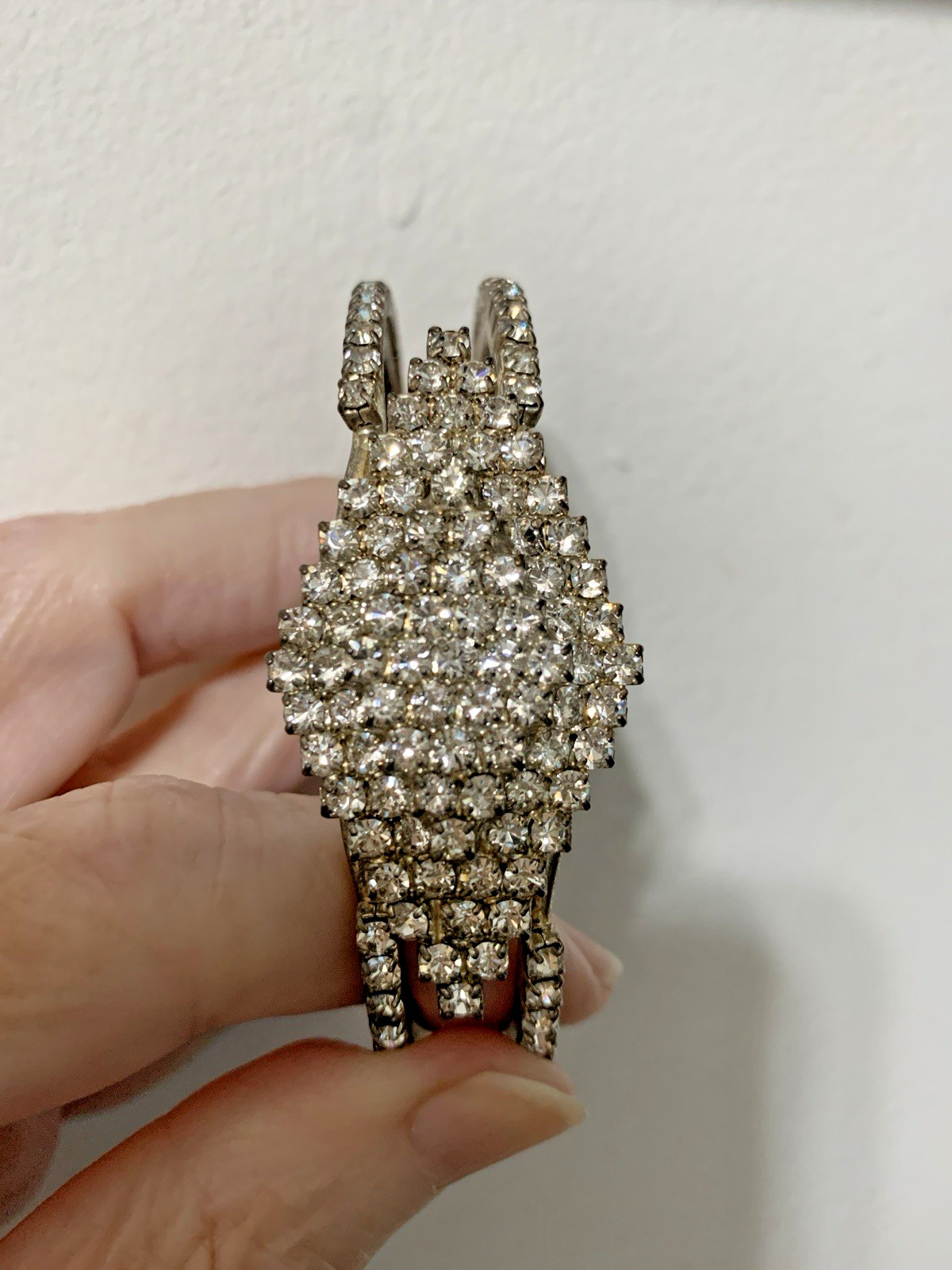 Vintage Encrusted Prong Set Rhinestones,Bangle Bracelet,Silver-tone & Hinged, 8”
