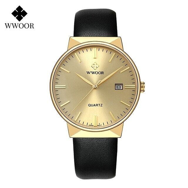 WWOOR Simple Ultra-Thin Steel Mesh Leather Date Men’s Wristwatch