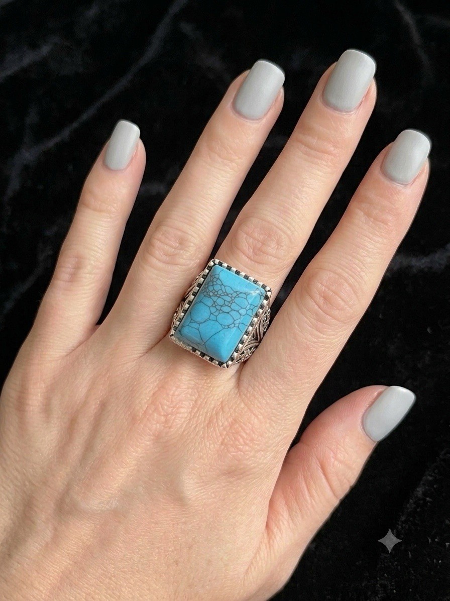 Simulated Turquoise Blue Cabochon Casual Everyday Ring Size 8.5