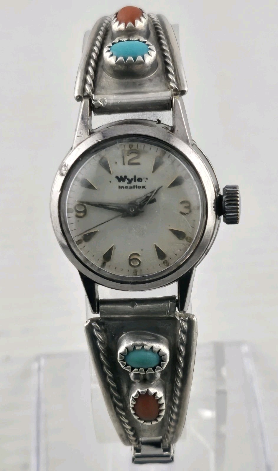 Rare Ladies Vintage Wyler Incaflex Watch Silver Navajo Band Coral Turquoise