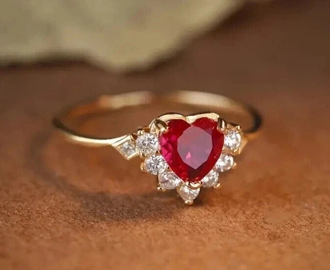 2Ct Heart Cut Ruby & Lab Created Diamond 14k Yellow Gold FN Engagement Ring