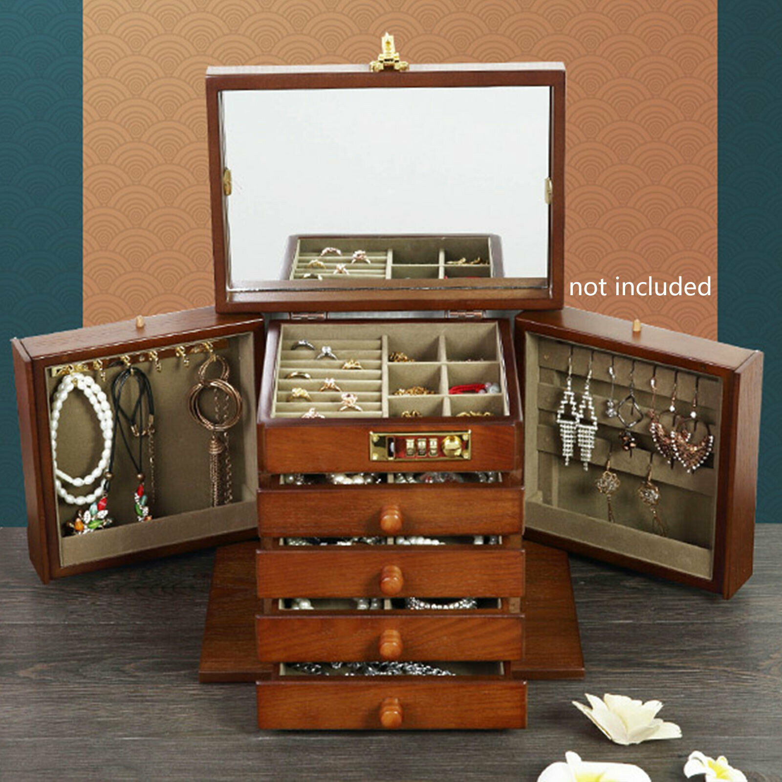 5 Layers Vintage Large Jewelry Organizer Wooden Storage Box Case with 4 Drawers