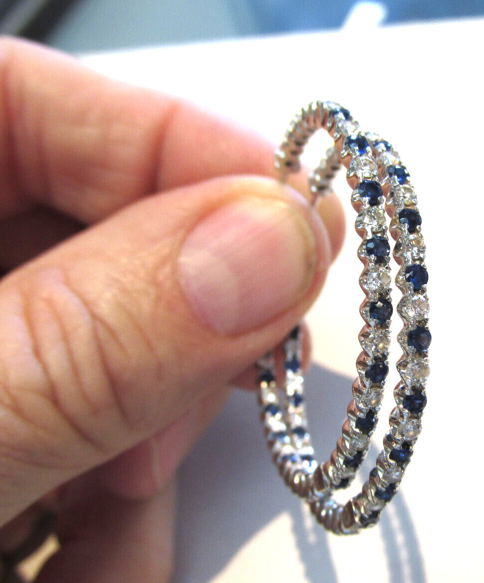 Stunning 2.76 ctw VS1-G Diamond/Blue Sapphire Hoop Earrings 1.5in. MAKE OFFER