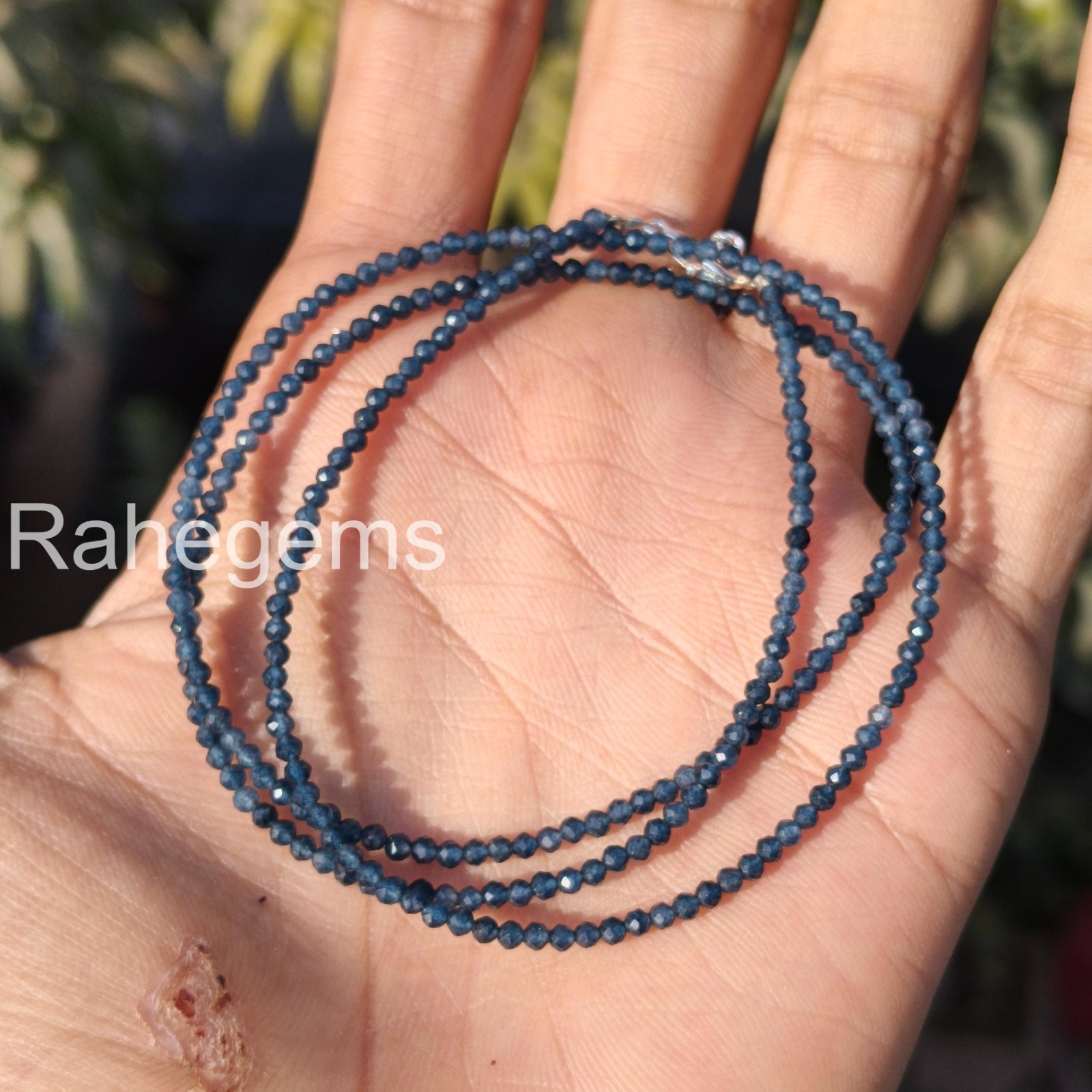 Blue Sapphire Necklace 2mm Micro Faceted Beads, Dainty Real Gemstone Choker, Min