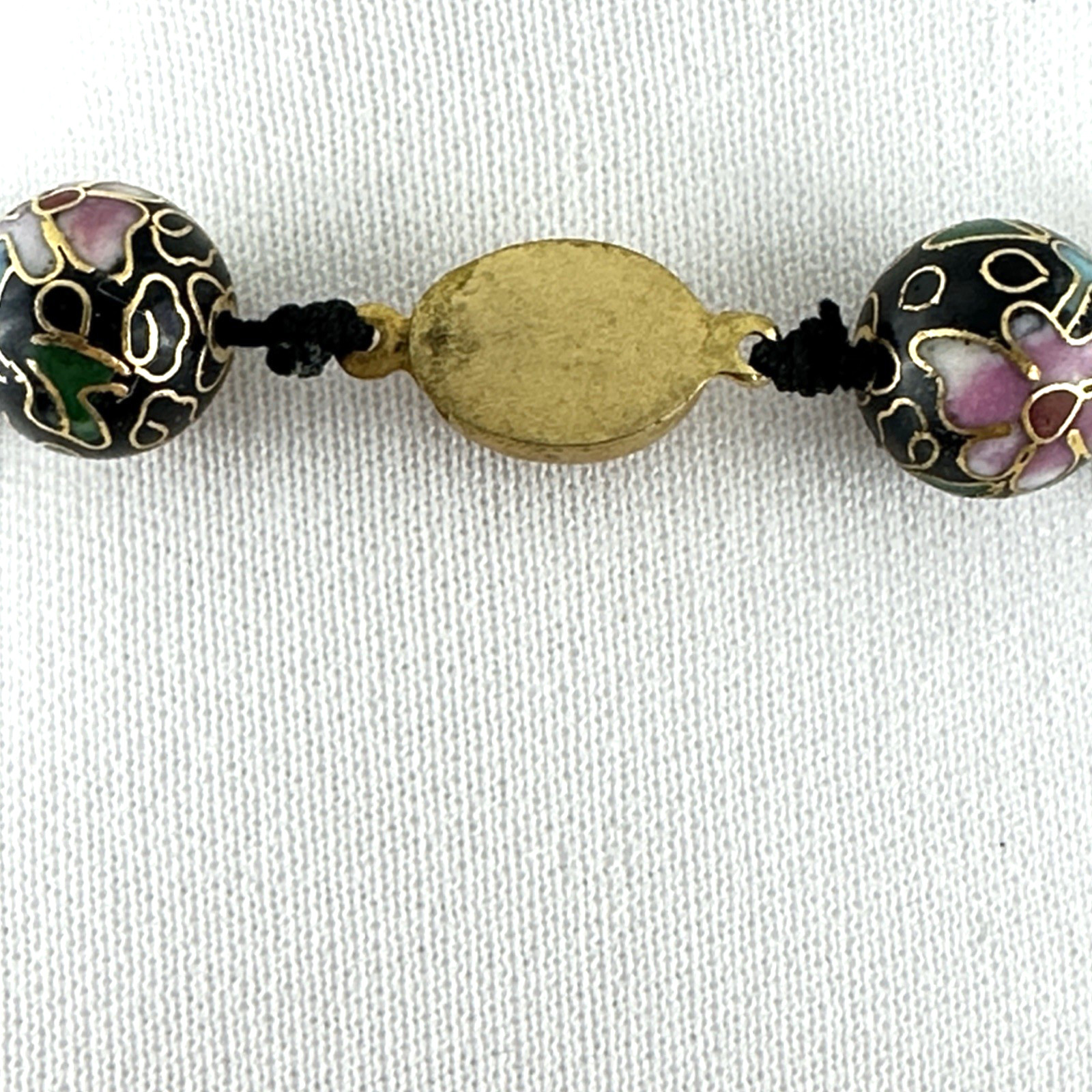 CLOISONNÉ vintage necklace – black & pink enamel floral beads 30″ Chinese export