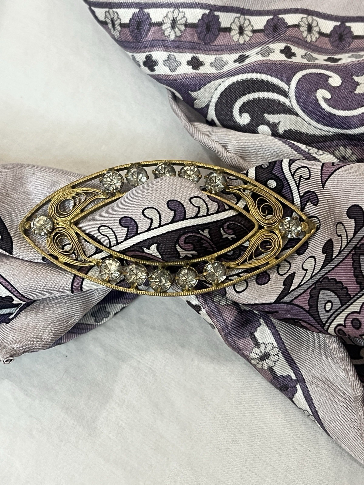 Vintage Scarf Slide Ring with Rhinestones and Filigree Design Gold Tone Czech