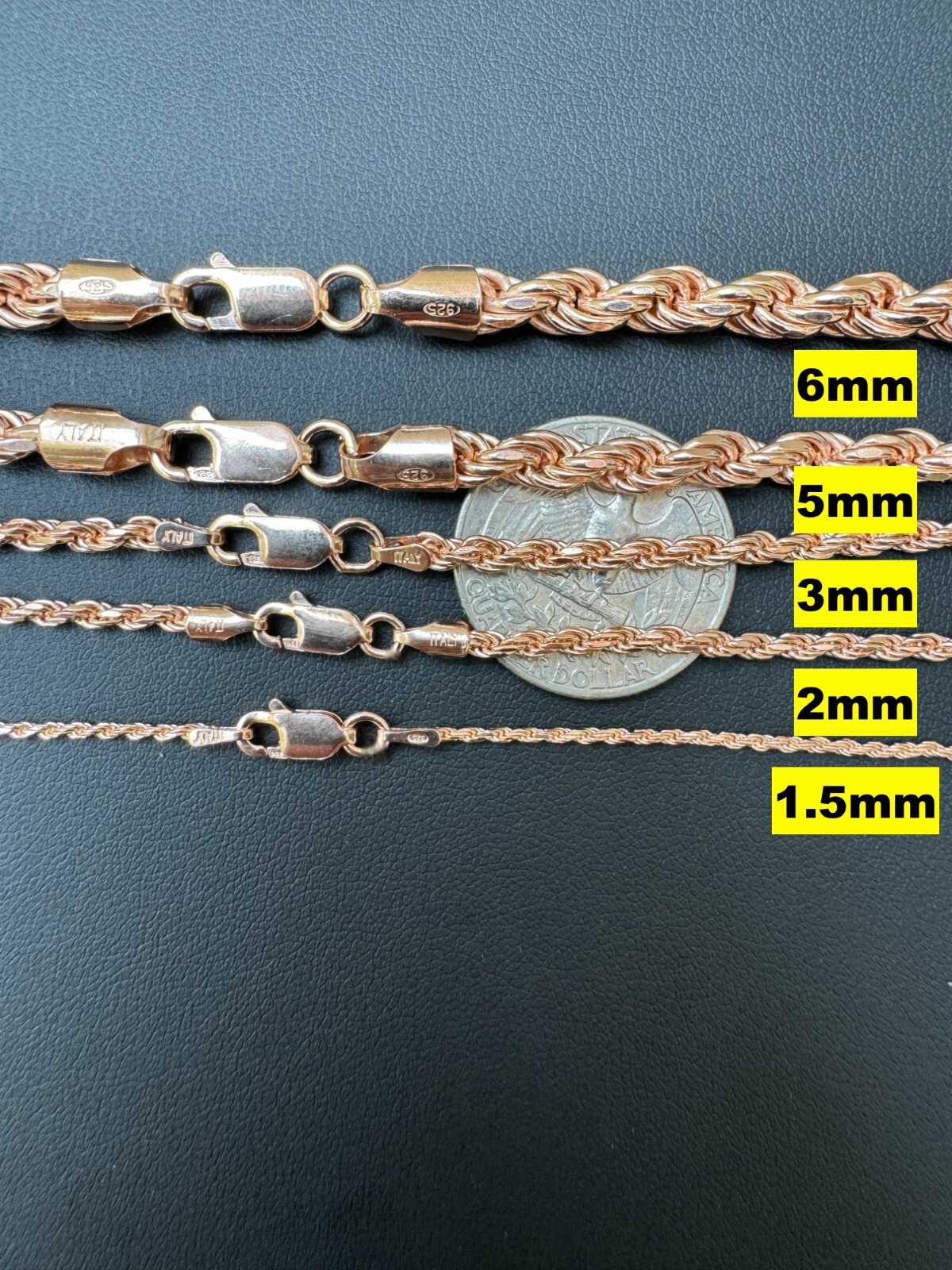Real 14k Rose Gold Over Solid 925 Silver Rope Chain 1.5-6mm Necklace Mens Ladies