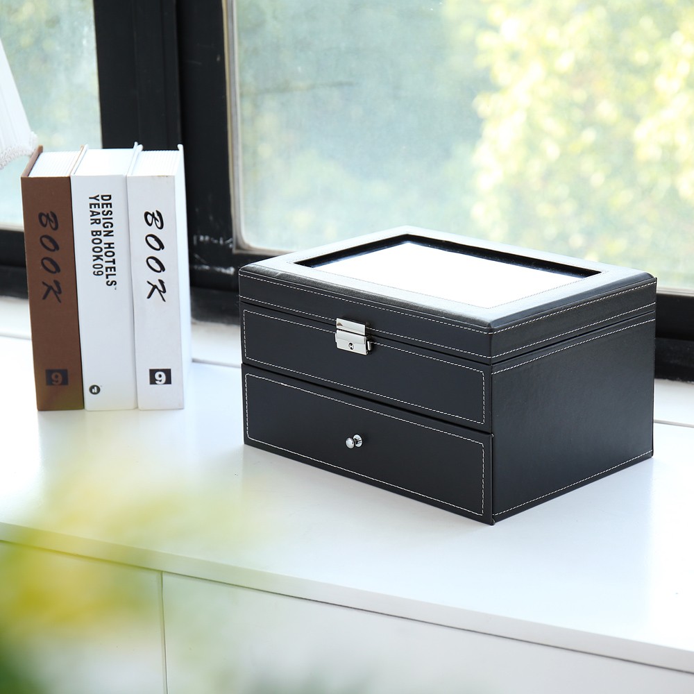 20 Compartments Watch Collection Storage Box Glass Top Display, Lockable, Black~