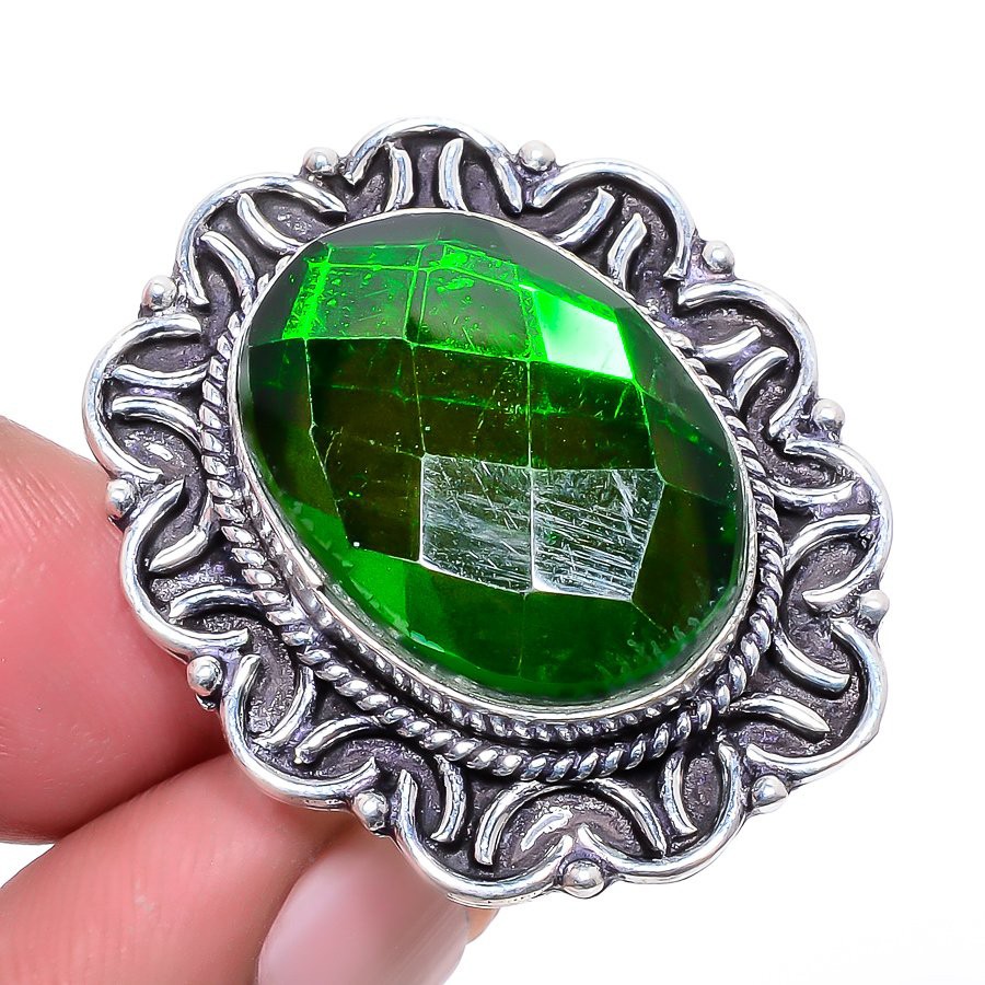 Green Fire Mystic Topaz Gemstone 925 Silver Plated Jewelry Ring s.8.5 T291