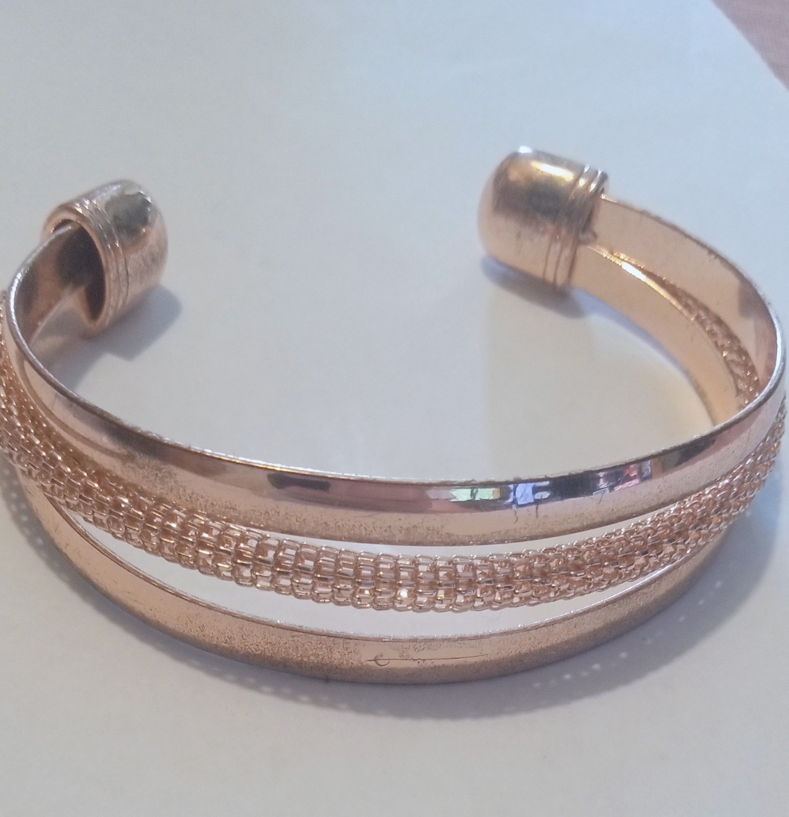 Pair Of Rose Gold Colored Bracelets One Bangle With Rhinestones One Cuff