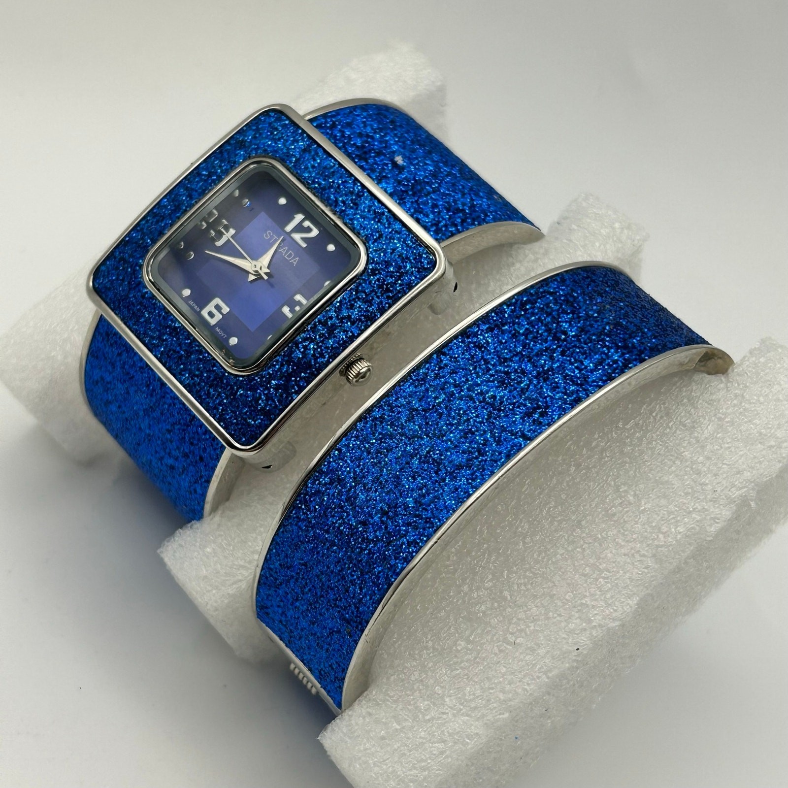 Strada Blue Glitter Stainless Steel Women’s Bangle Watch with Bracelet