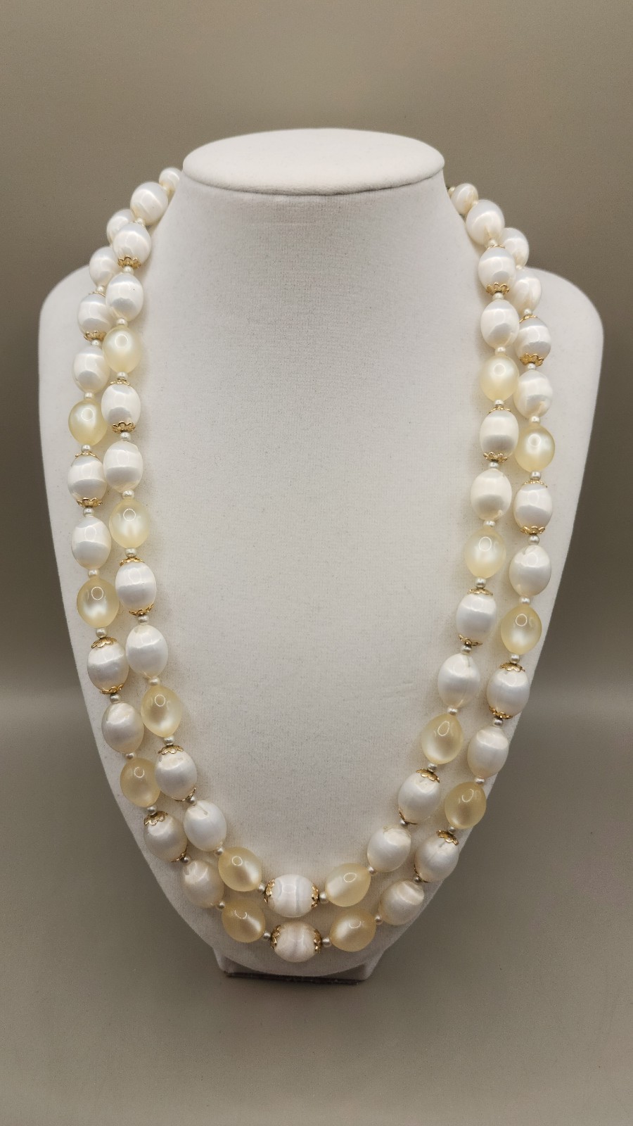 Vintage 1960s Japan Double Strand Necklace Faux Satin Pearl Moonglow Lucite