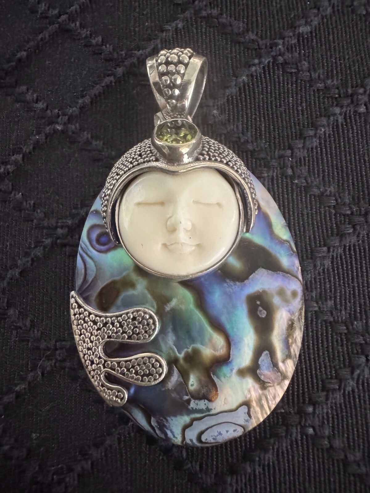 Sterling Silver Marked 925 Oval Abalone, Pendant, Bali Goddess