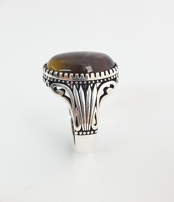 Solid 925 Sterling Silver Natural Tiger’s Eye Oval Gemstone Men’s Unisex Ring