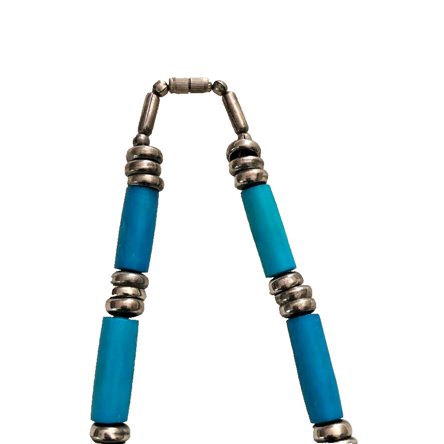 Turquoise colored and silvertoned necklace – authenticity not guaranteed, 16″