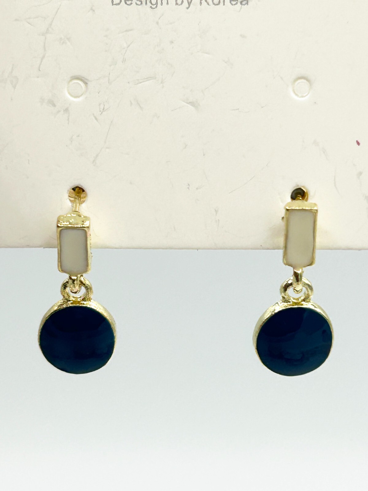 Enamel Pendant Earrings Contrast Color Blue/White/Gold, 1.75-Inch Drop