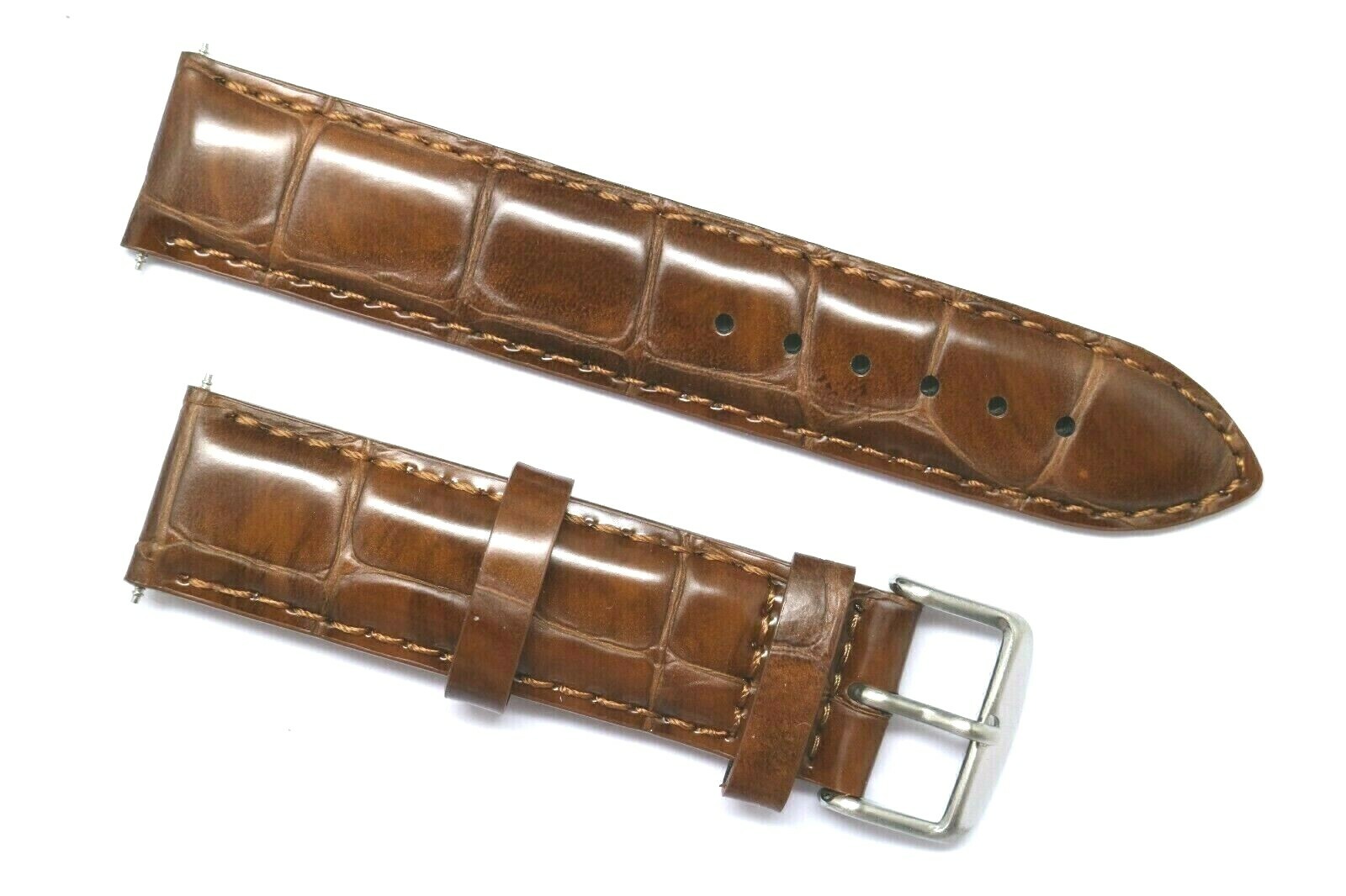 20mm 22mm Brown Croco Embossed Leather Padded Men Watch Band Silver Tone Buckle