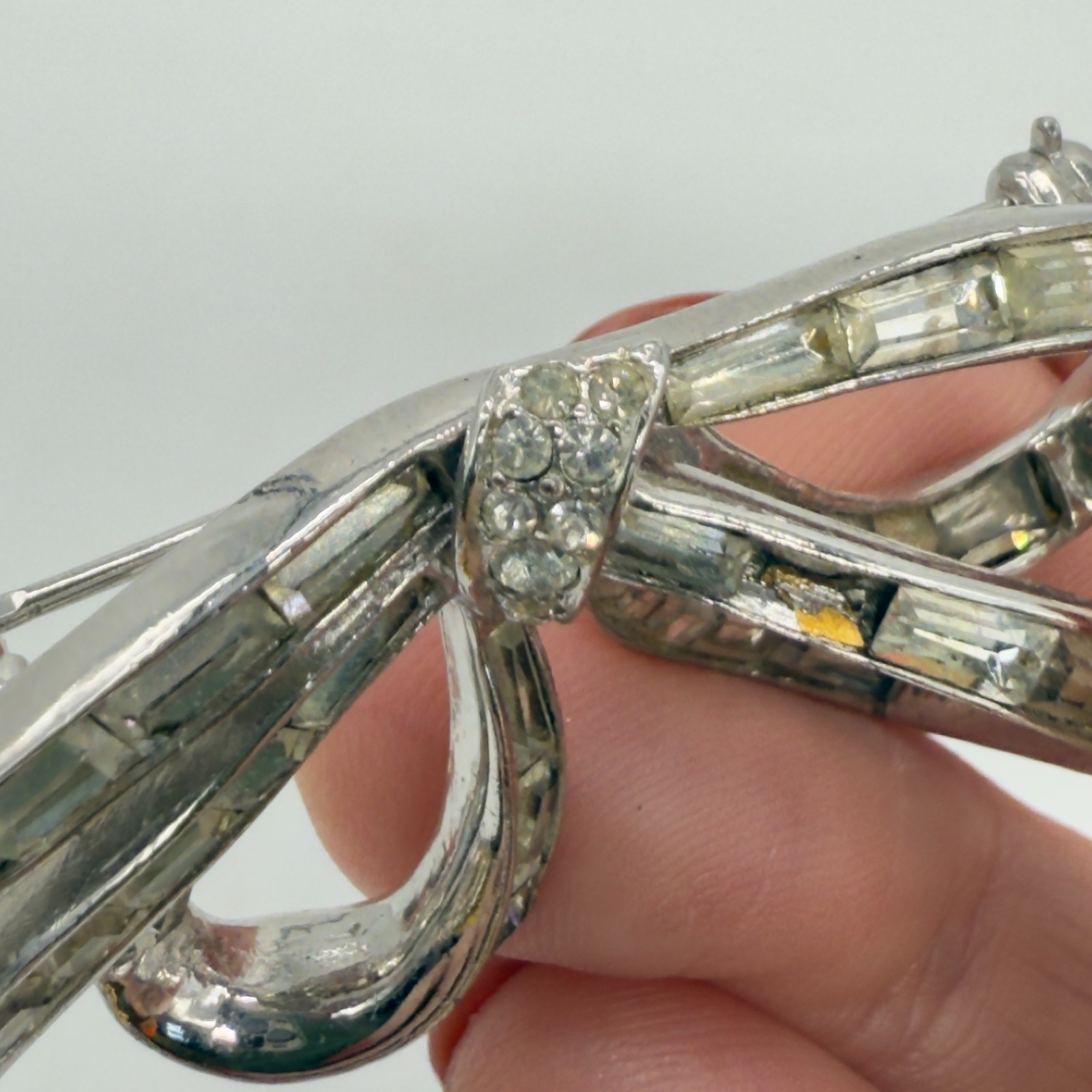 Vintage Marcel Boucher Brooch Bow Baguette Rhinestones 1 Missing Silver Tone