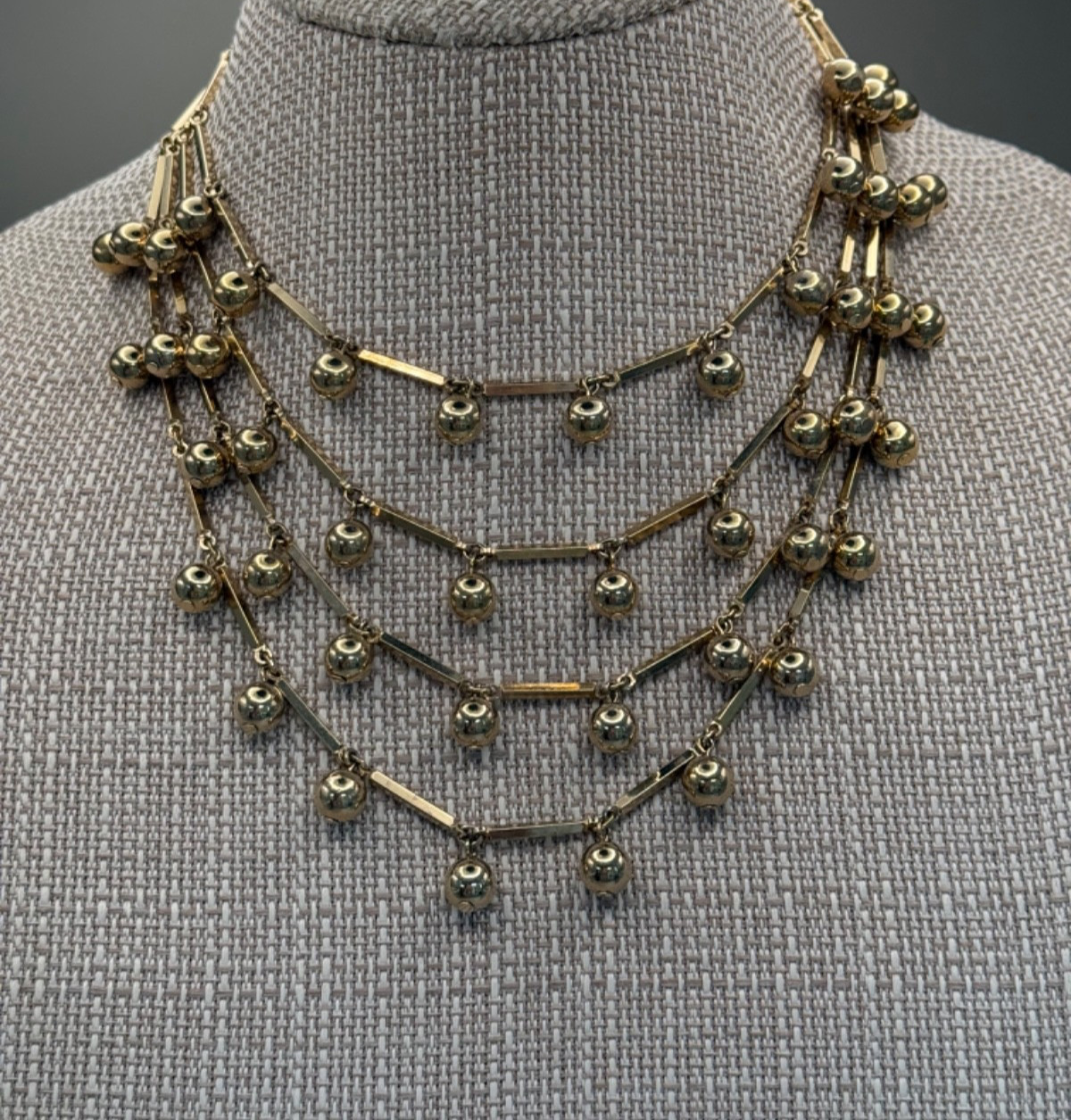 Vintage 4 Strand Golden Tone Ball and Bar Necklace Adjustable to 17″