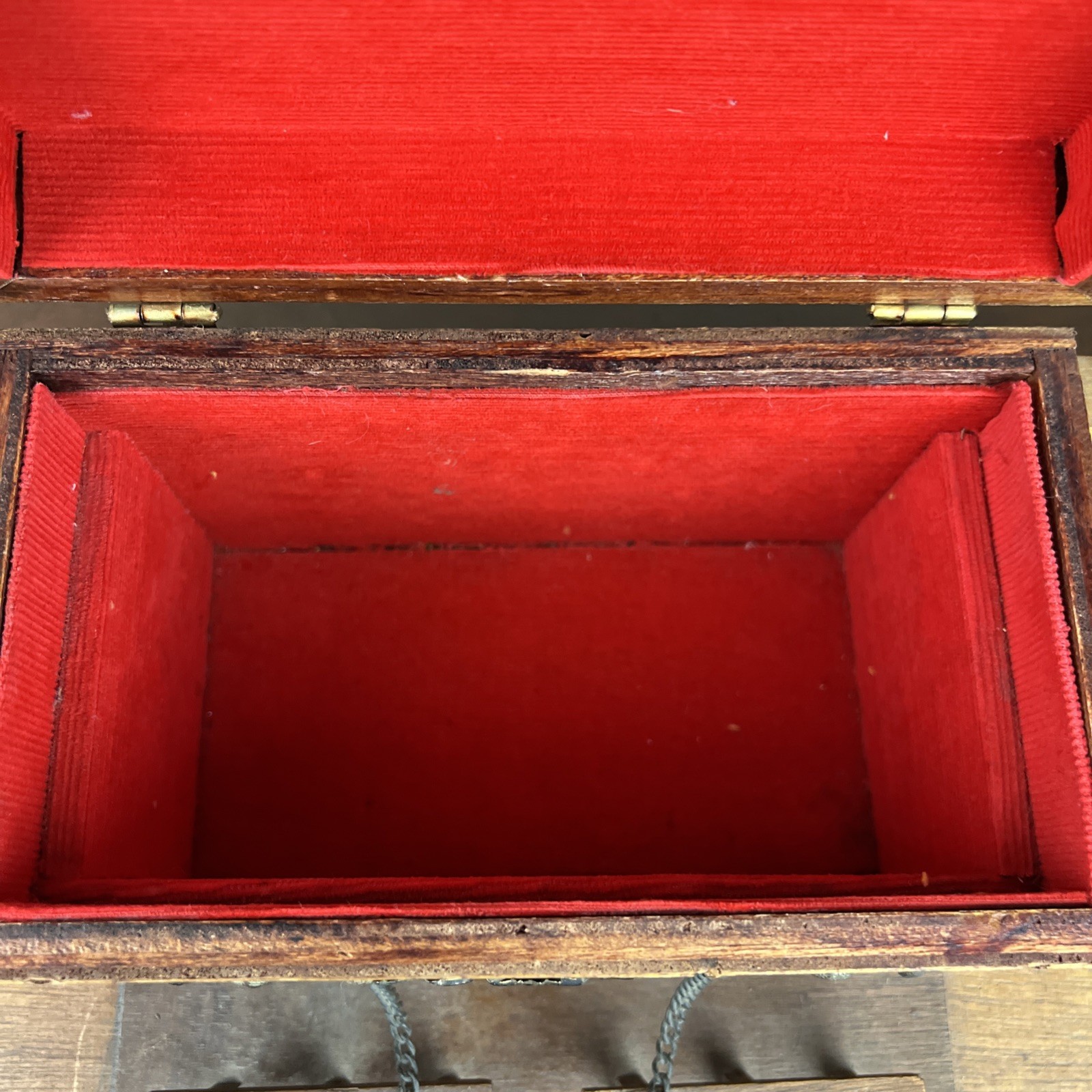 VTG Mid Century Castle Wooden Jewelry Box Red Velvet Lined 13.5″ Medieval Patina
