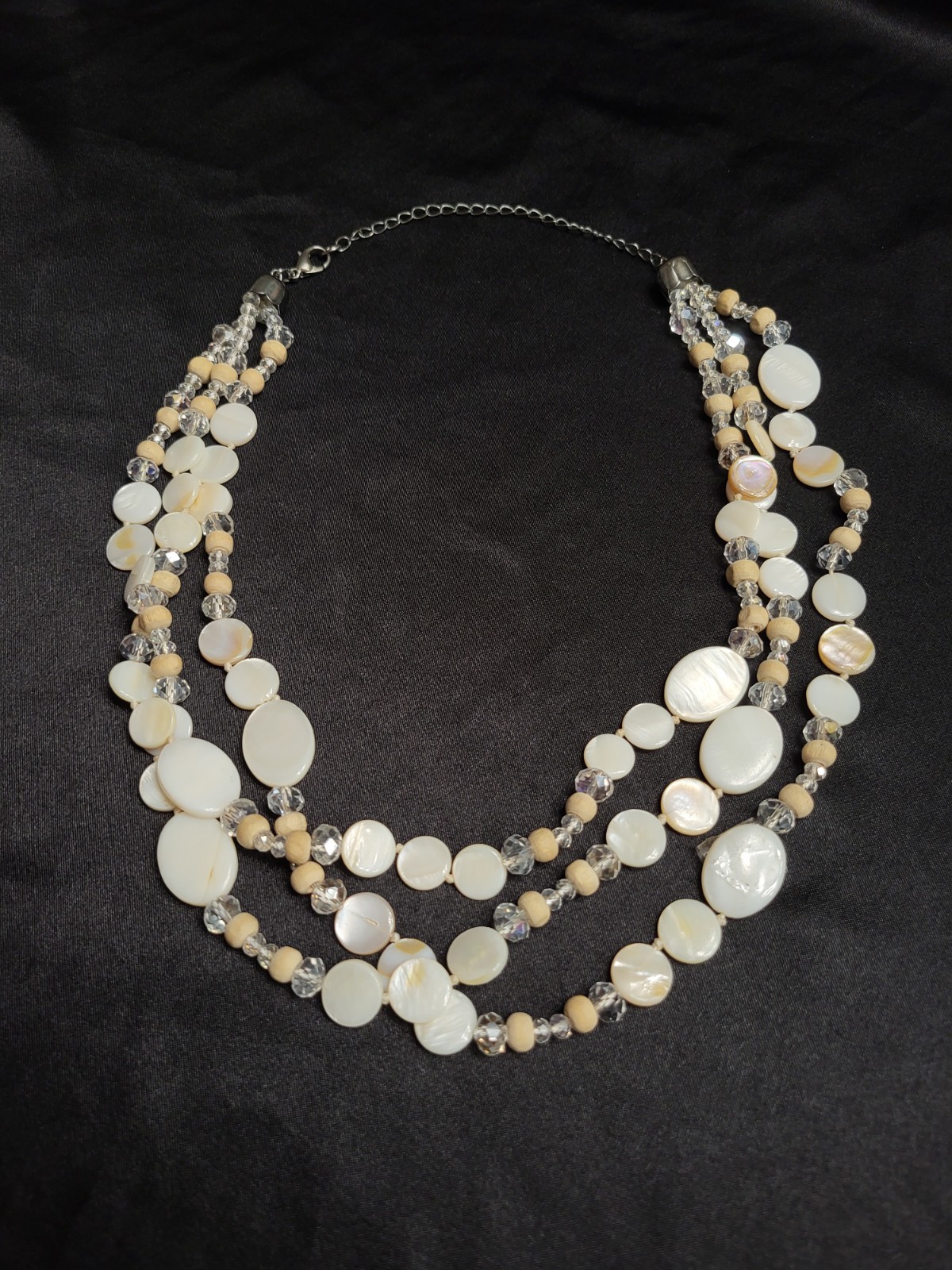 Boho Multi Strand Mother of Pearl Shell Necklace Clear Crystal Wood Bead Layered