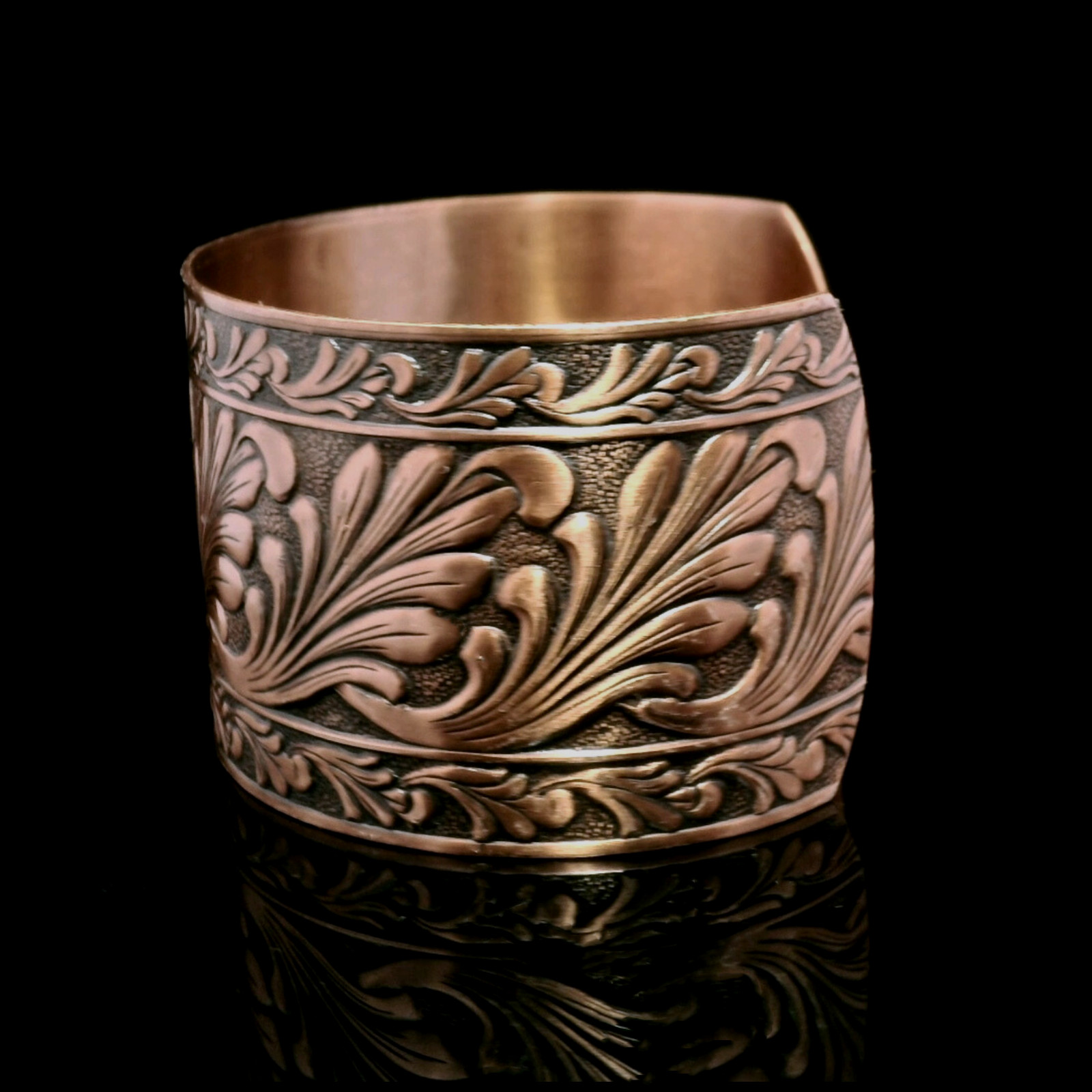 Solid Copper Adjustable Cuff Bracelet with Embossed Floral Design Antique Finish