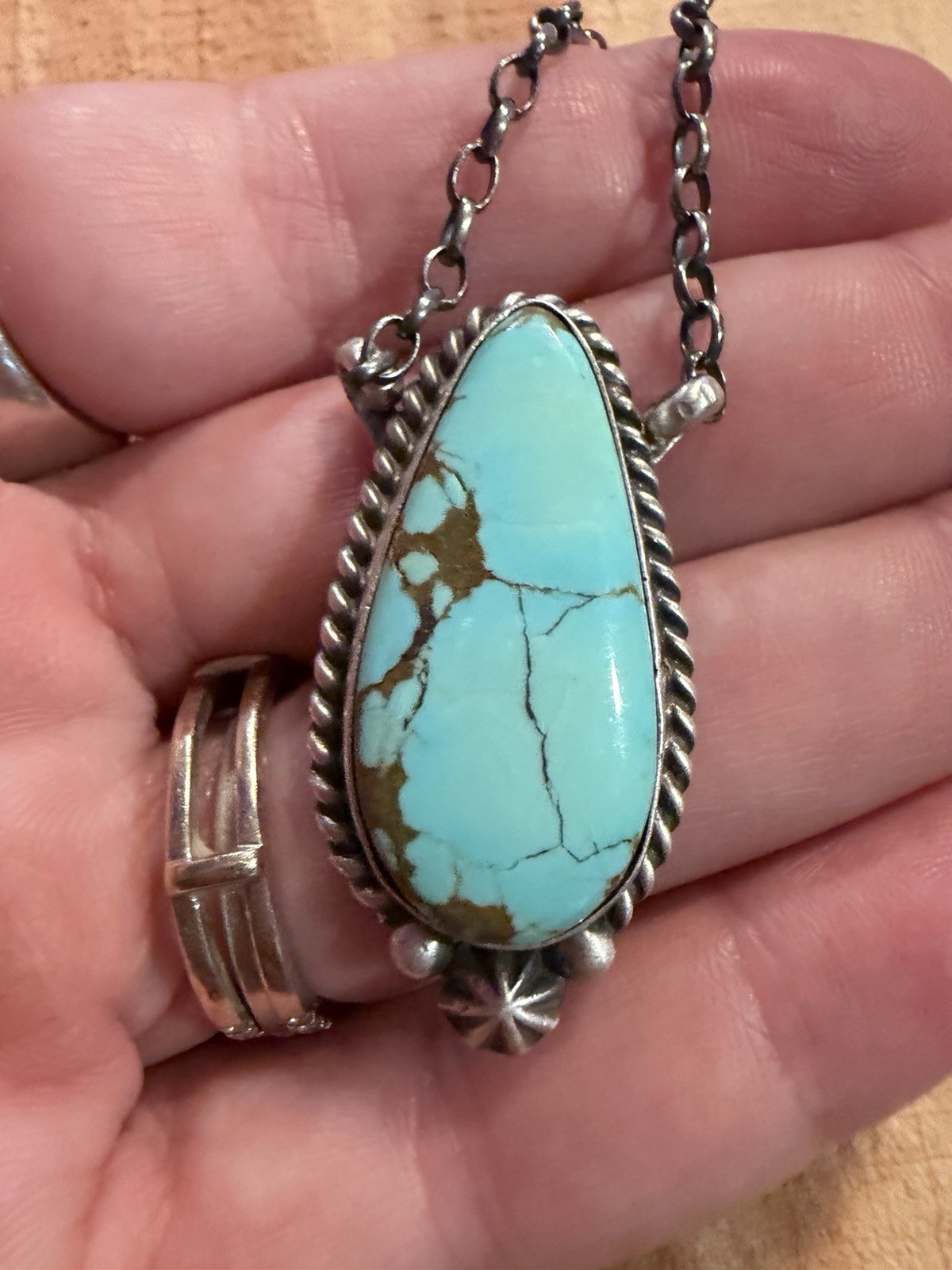Navajo handmade Johnny Dixon Signed 925 Sterling Slvr Mine 8 Turquoise necklace