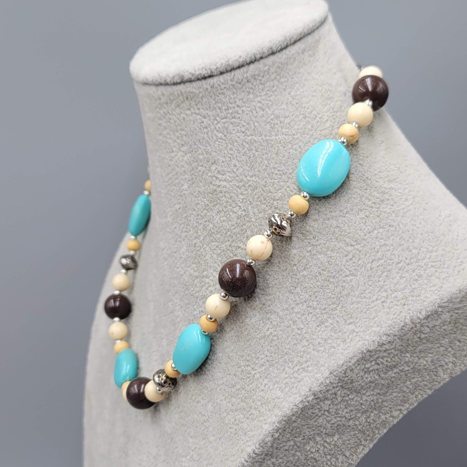 Blue Brown Beige Beaded Necklace Silver tone 18″ Adj