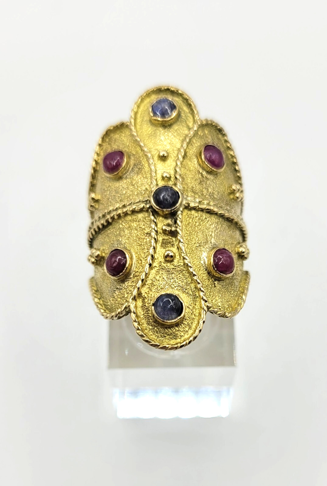 18K Yellow Gold Etruscan Byzantine Ruby & Sapphire Ring