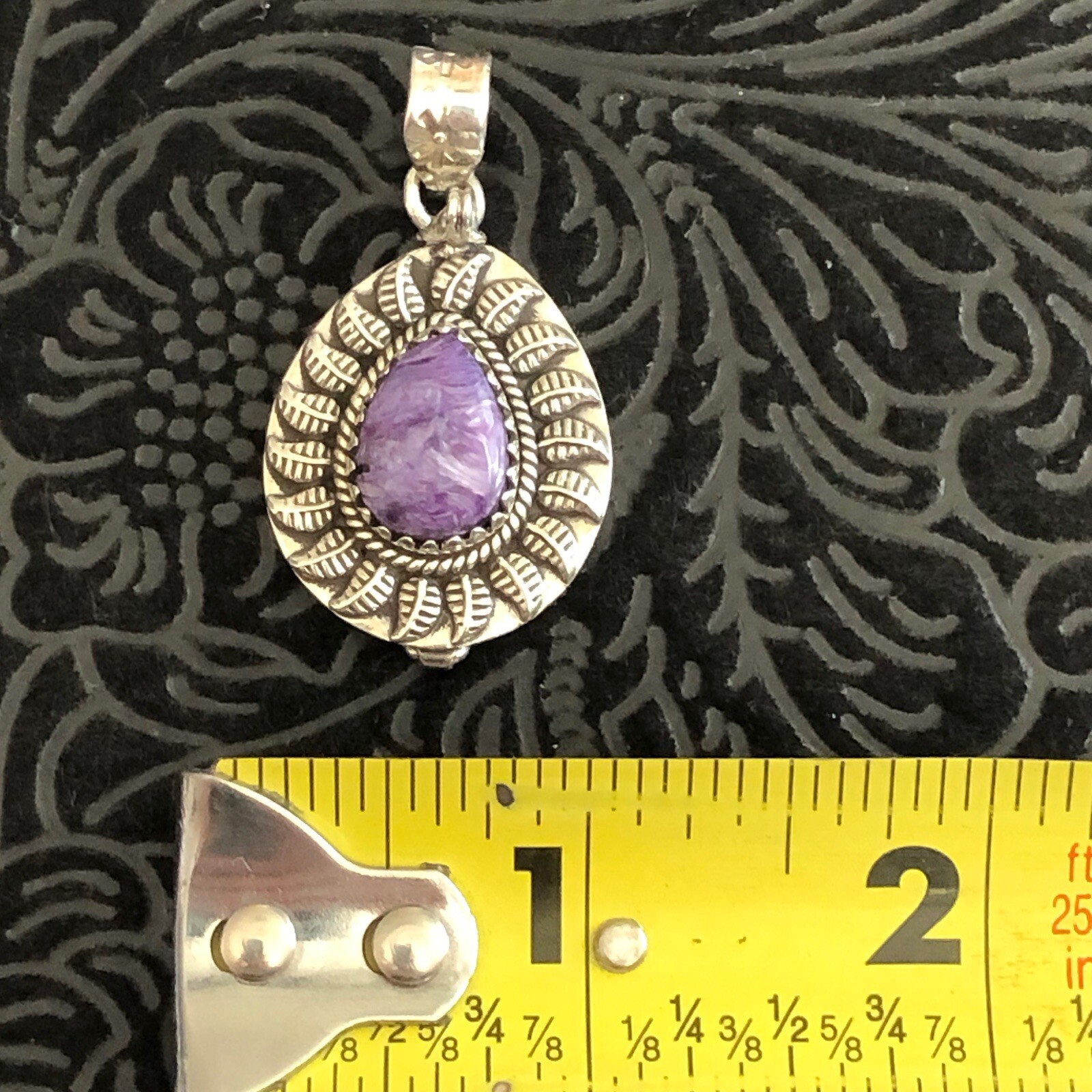 Sterling Silver Charoite Stone Feather Detail Poison Pendant Stamped 925