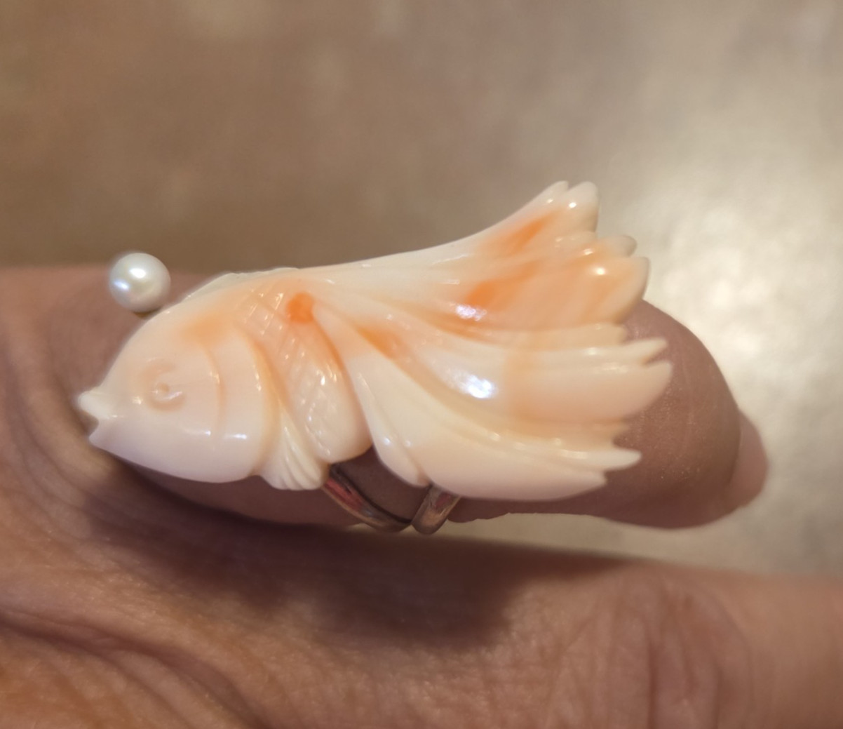 Hawaiian Pink & Angel Skin Coral Koi Fish Sterling Silver Small Ring