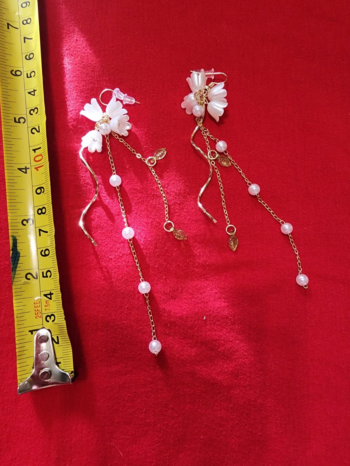Gold Tone White Flower Simulated Pearl Dangle Drop Hook Earrings 6 in