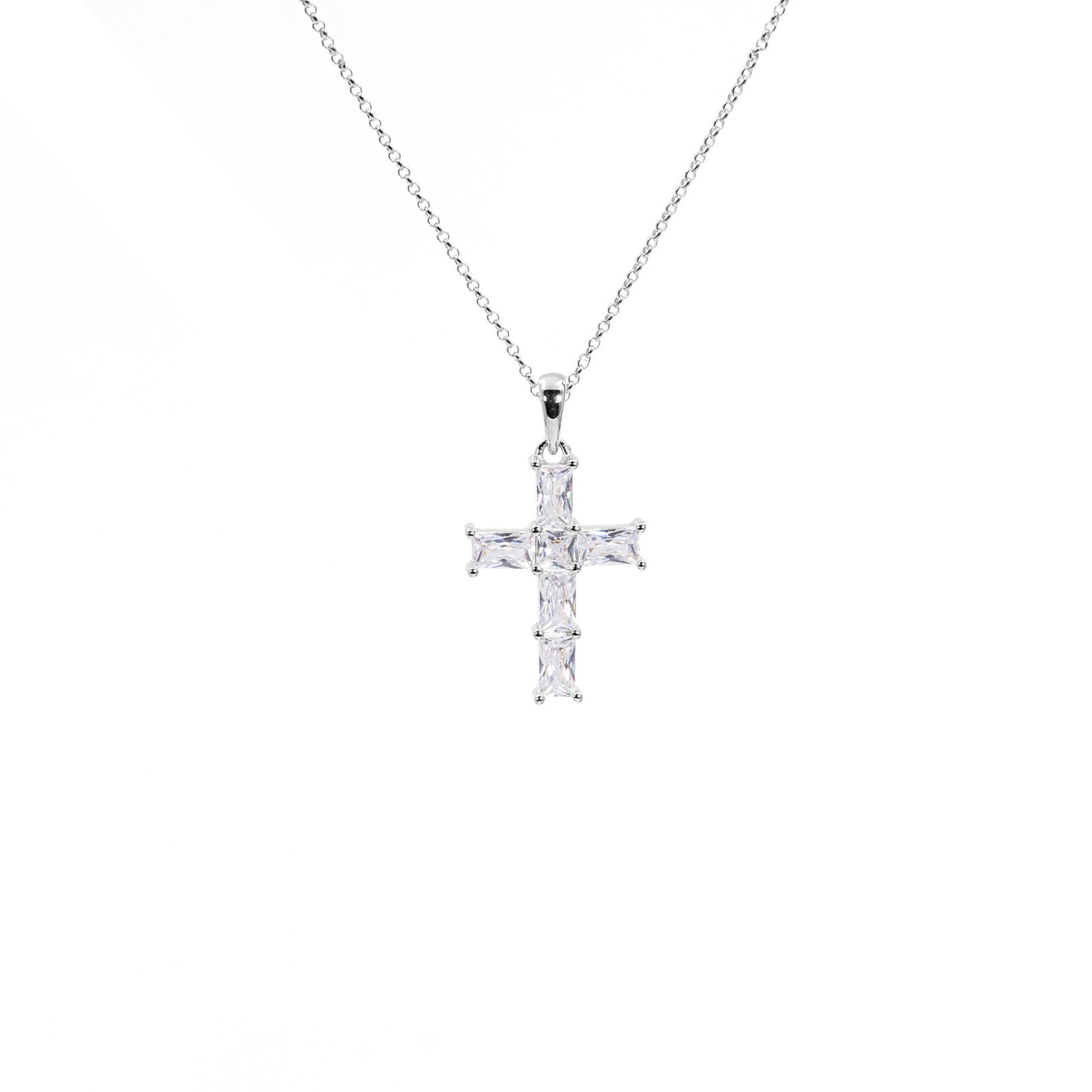 Circle Rolo Chain Necklace Pendant Cross 925 Sterling Silver Zircon Da/He