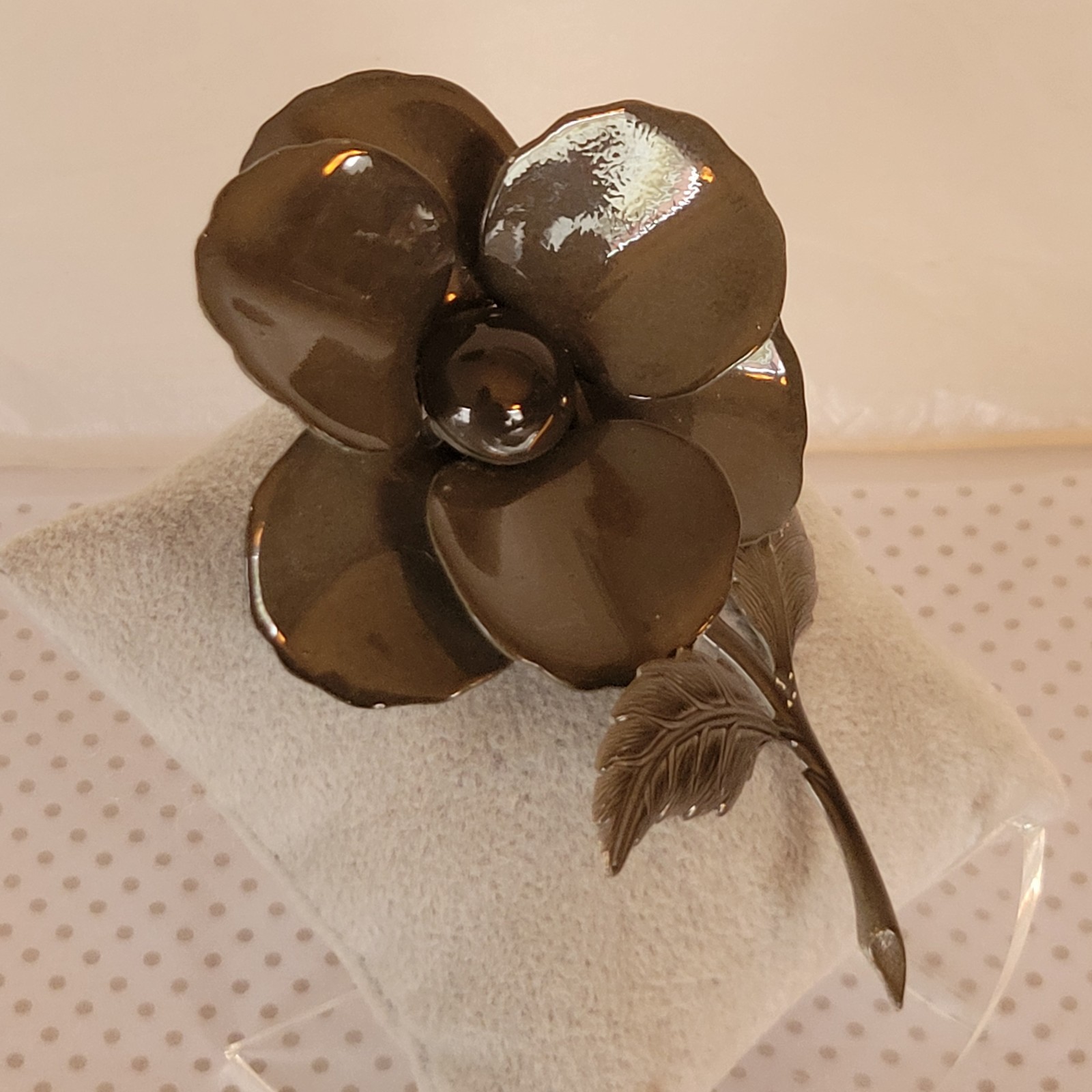 Vintage Enameled Flower Brooch Dark Gray 3.75 In. Formal Attire